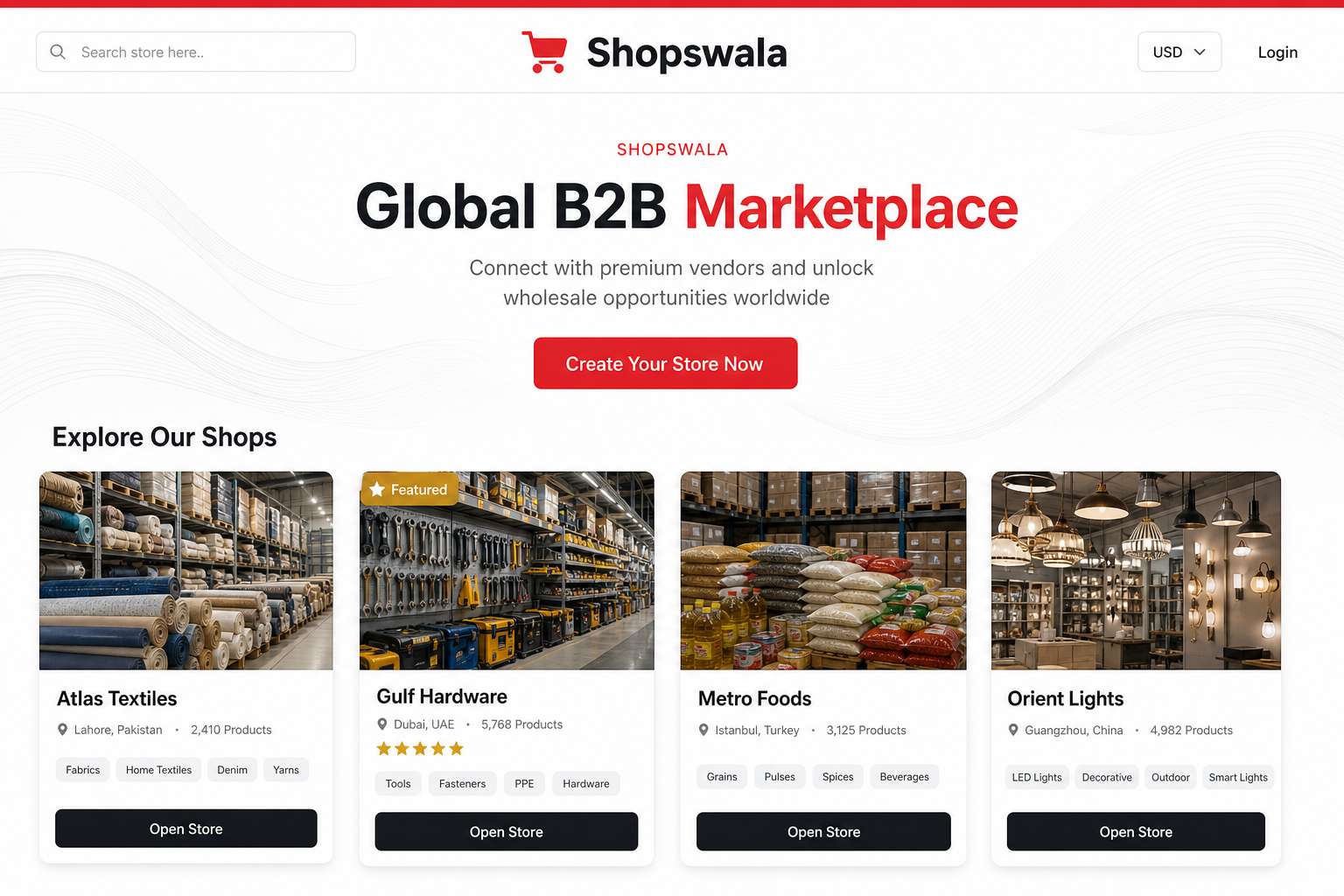 Shopswala B2B marketplace homepage with vendor shops, search, and storefront cards